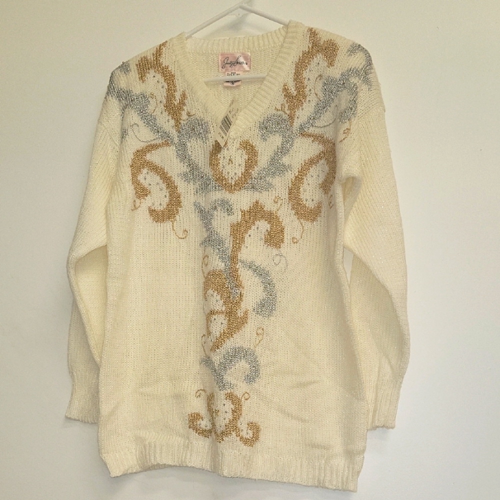 Joeclyn Smith 80s 90s Med Oversized Sweater Cream Silver Gold Deadstock